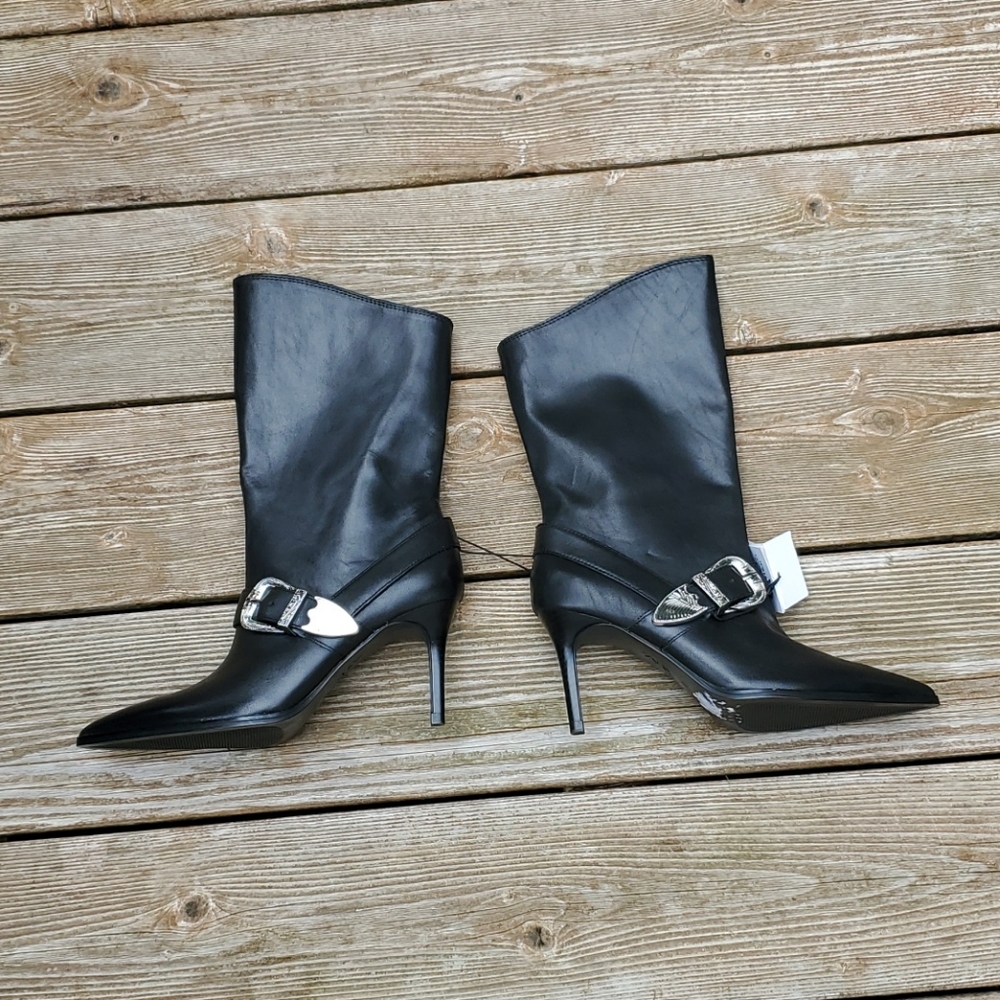 Zara leather high heel boots with cowboy strap with metal buckle detail - Picture 8 of 16